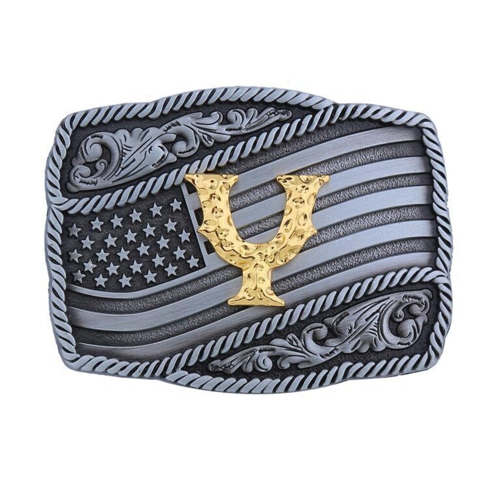 4603 Western Cowboy Belt Buckle , Initial Letters American Flag Belt Buckle